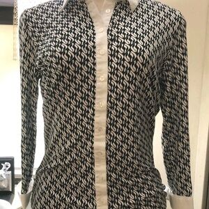 Anne Fontaine Paris pattern Blouse 40 EU ACTUAL Sz SMALL (S) US blk wht cufflink